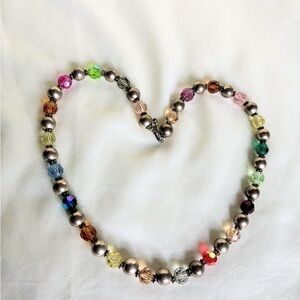 Multicolor Crystal Bead Necklace with Silver-Tone Beads - Women Jewelry